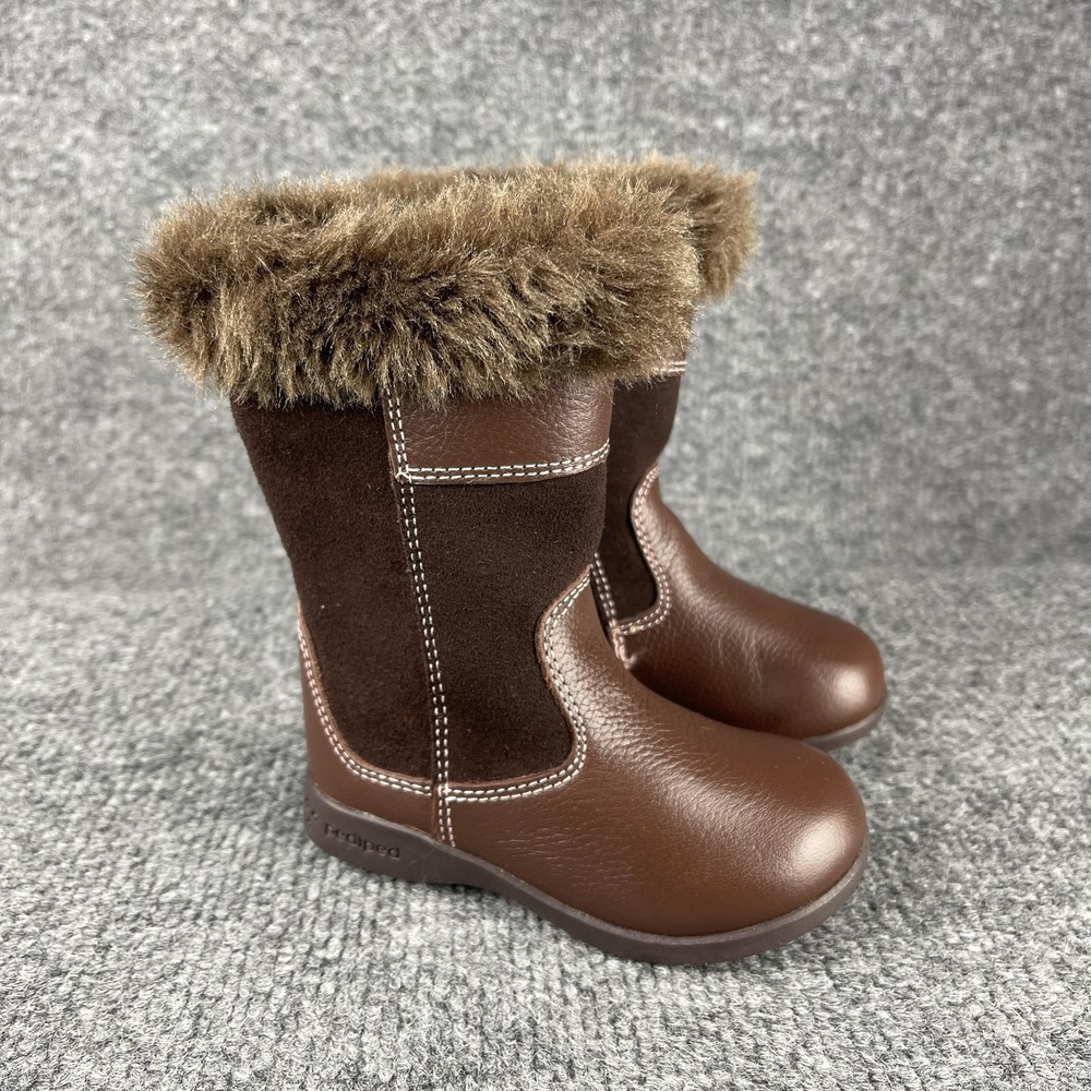 Pediped Flex Toddler Girls Boots Size 5.5 EU 21 Brown Leather Faux Fur Trim